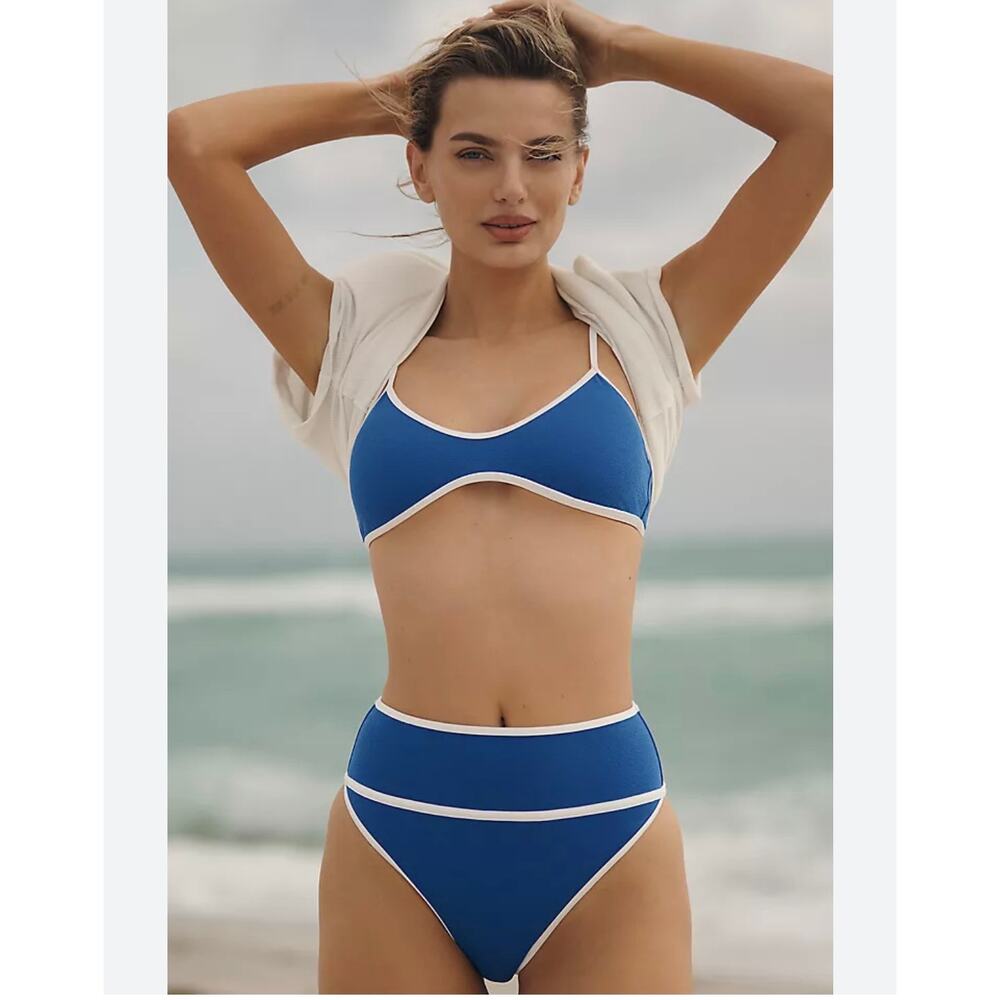 Beach Riot Leona Top & Carlotta High-Waist Bottom Bikini Set — Riviera Azure — M